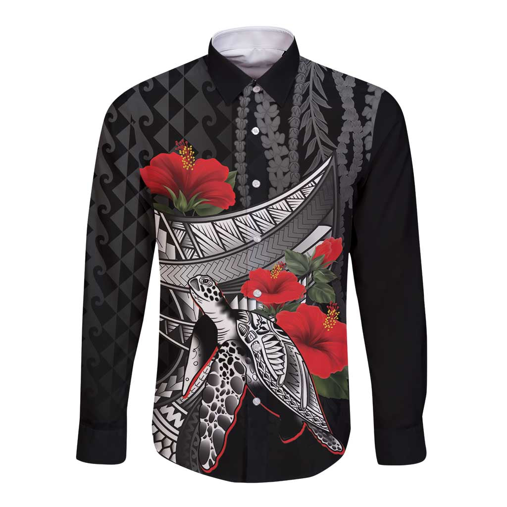 Hawaiian Honu Personalized Long Sleeve Button Shirt Black Tribal Hook Pattern