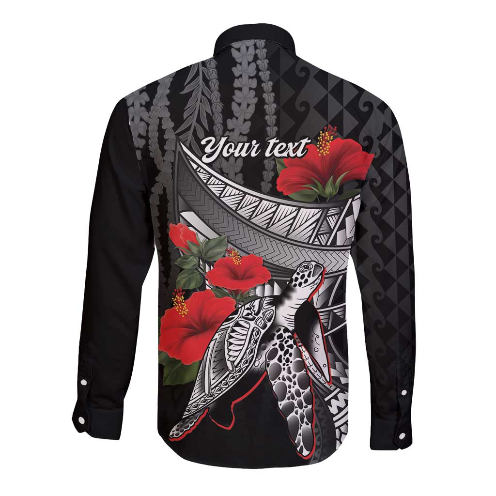 Hawaiian Honu Personalized Long Sleeve Button Shirt Black Tribal Hook Pattern