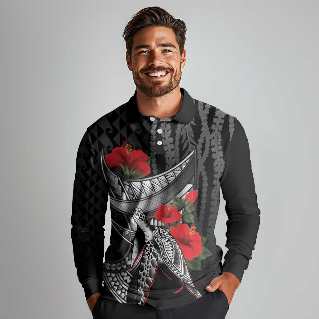 Hawaiian Honu Personalized Long Sleeve Polo Shirt Black Tribal Hook Pattern