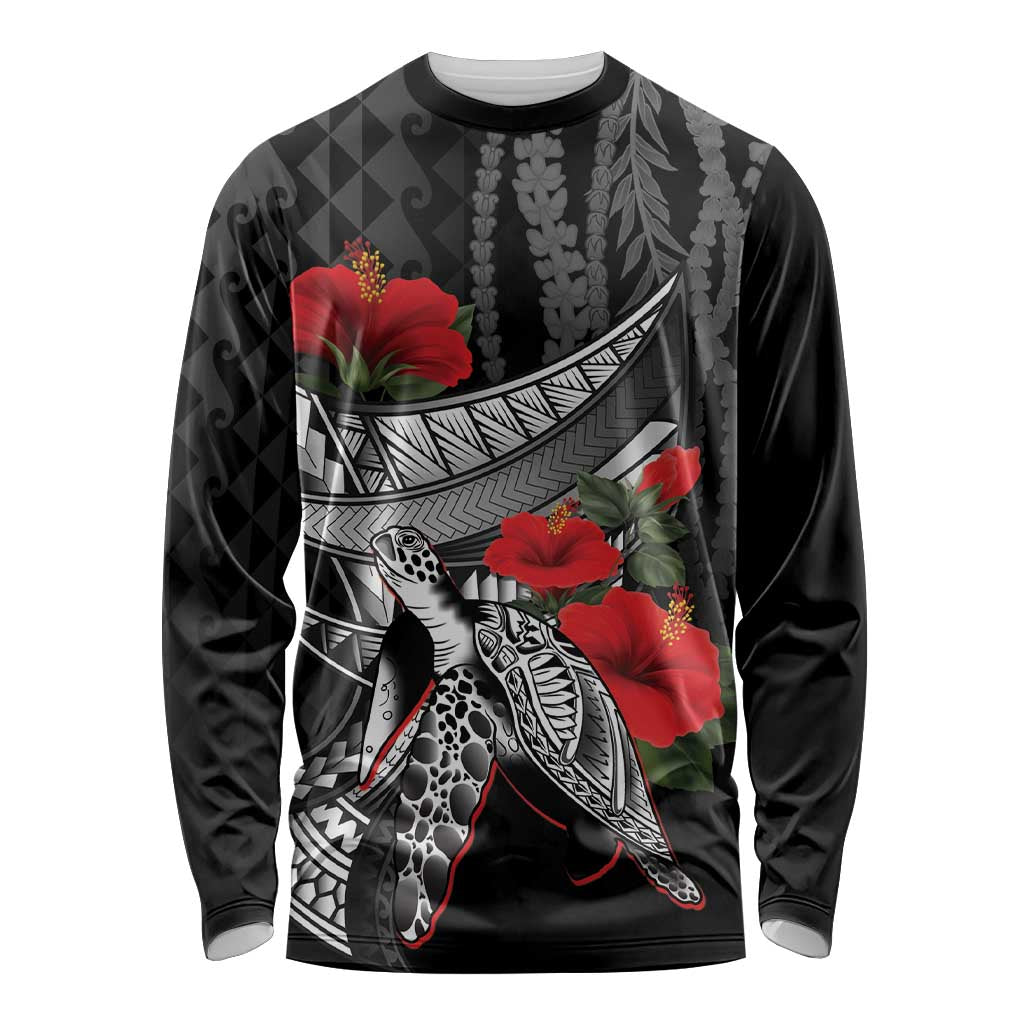 Hawaiian Honu Personalized Long Sleeve Shirt Black Tribal Hook Pattern