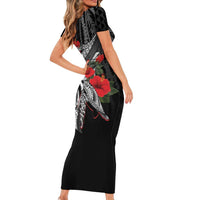 Hawaiian Honu Personalized Short Sleeve Bodycon Dress Black Tribal Hook Pattern