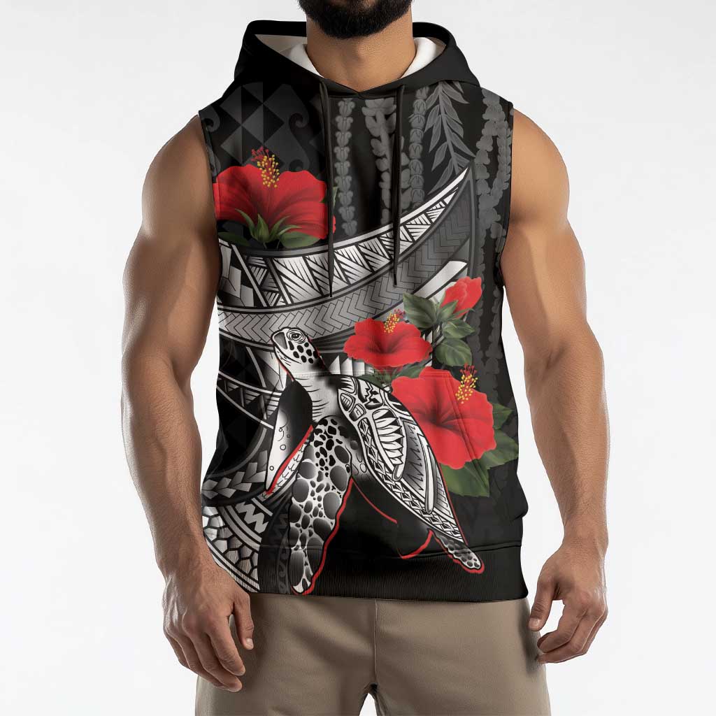Hawaiian Honu Personalized Sleeveless Hoodie Black Tribal Hook Pattern