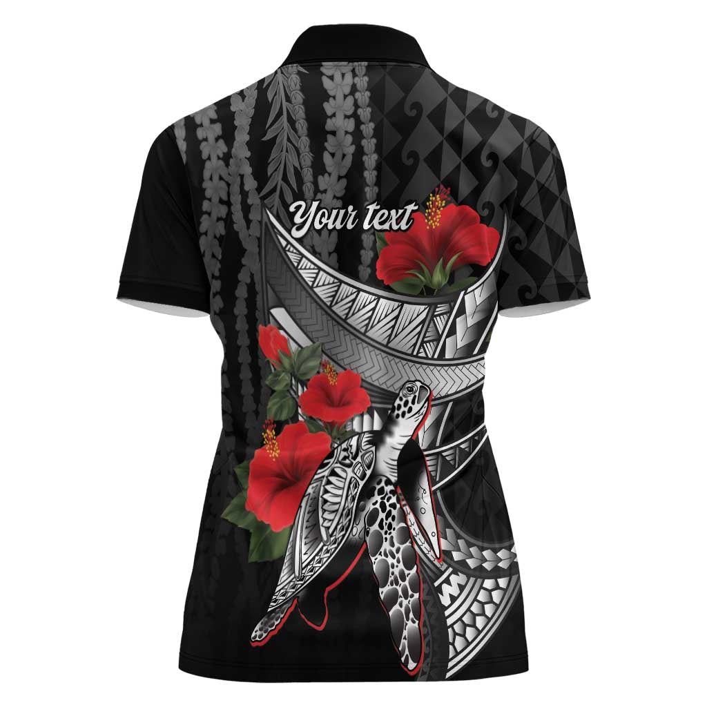 Hawaiian Honu Personalized Women Polo Shirt Black Tribal Hook Pattern