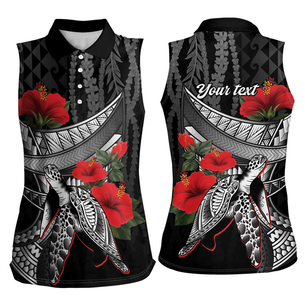 Hawaiian Honu Personalized Women Sleeveless Polo Shirt Black Tribal Hook Pattern
