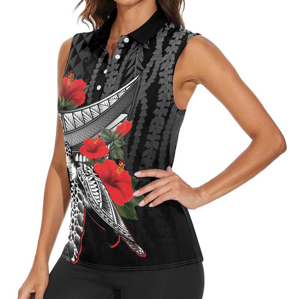 Hawaiian Honu Personalized Women Sleeveless Polo Shirt Black Tribal Hook Pattern