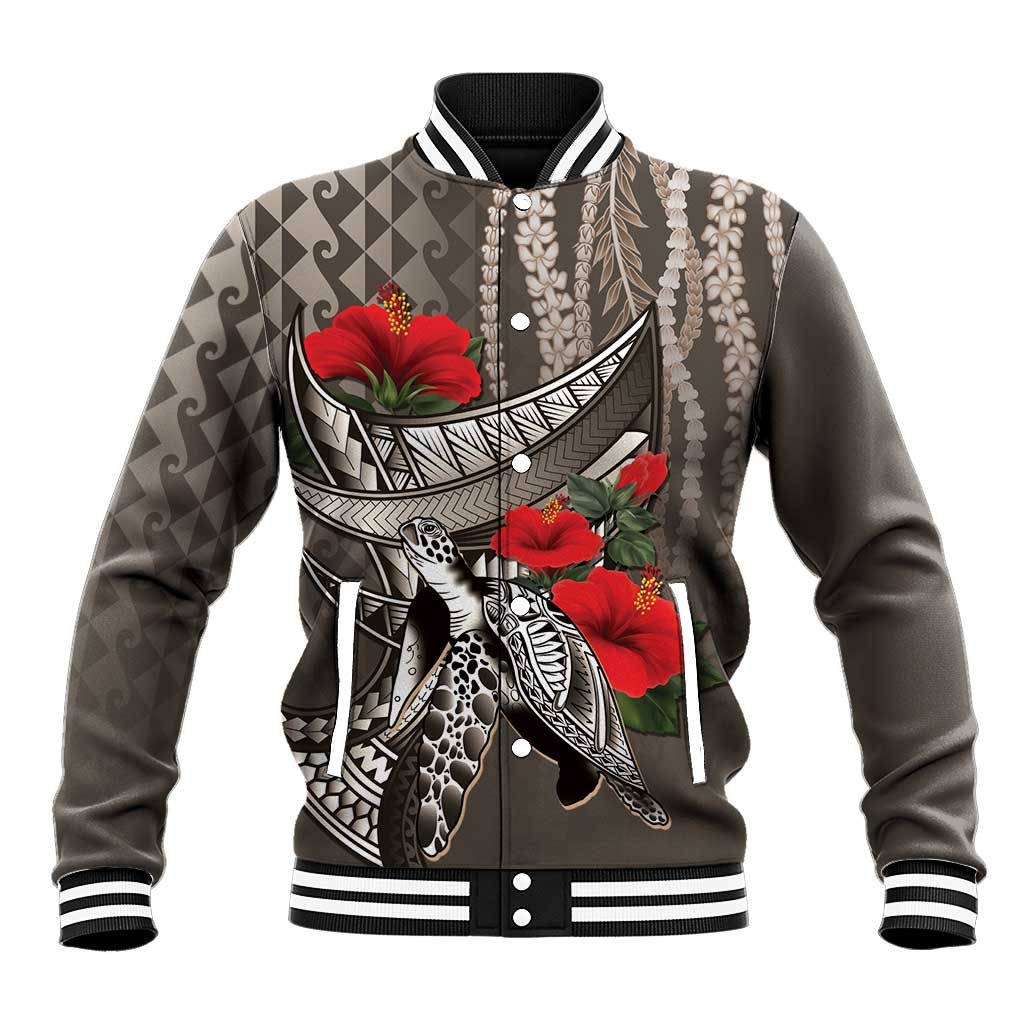 Hawaiian Honu Personalized Baseball Jacket Mocha Mousse Hibiscus Tribal Hook Pattern