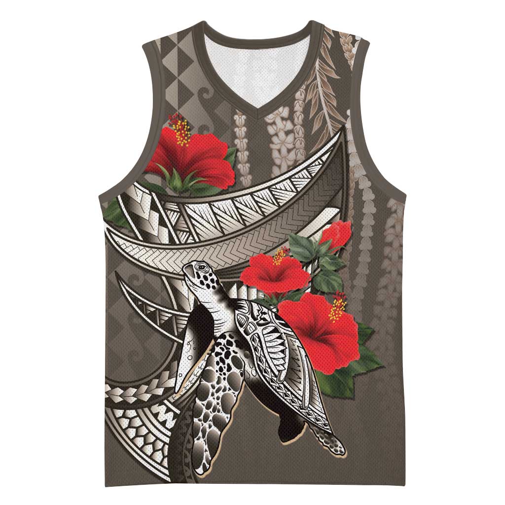 Hawaiian Honu Personalized Basketball Jersey Mocha Mousse Hibiscus Tribal Hook Pattern