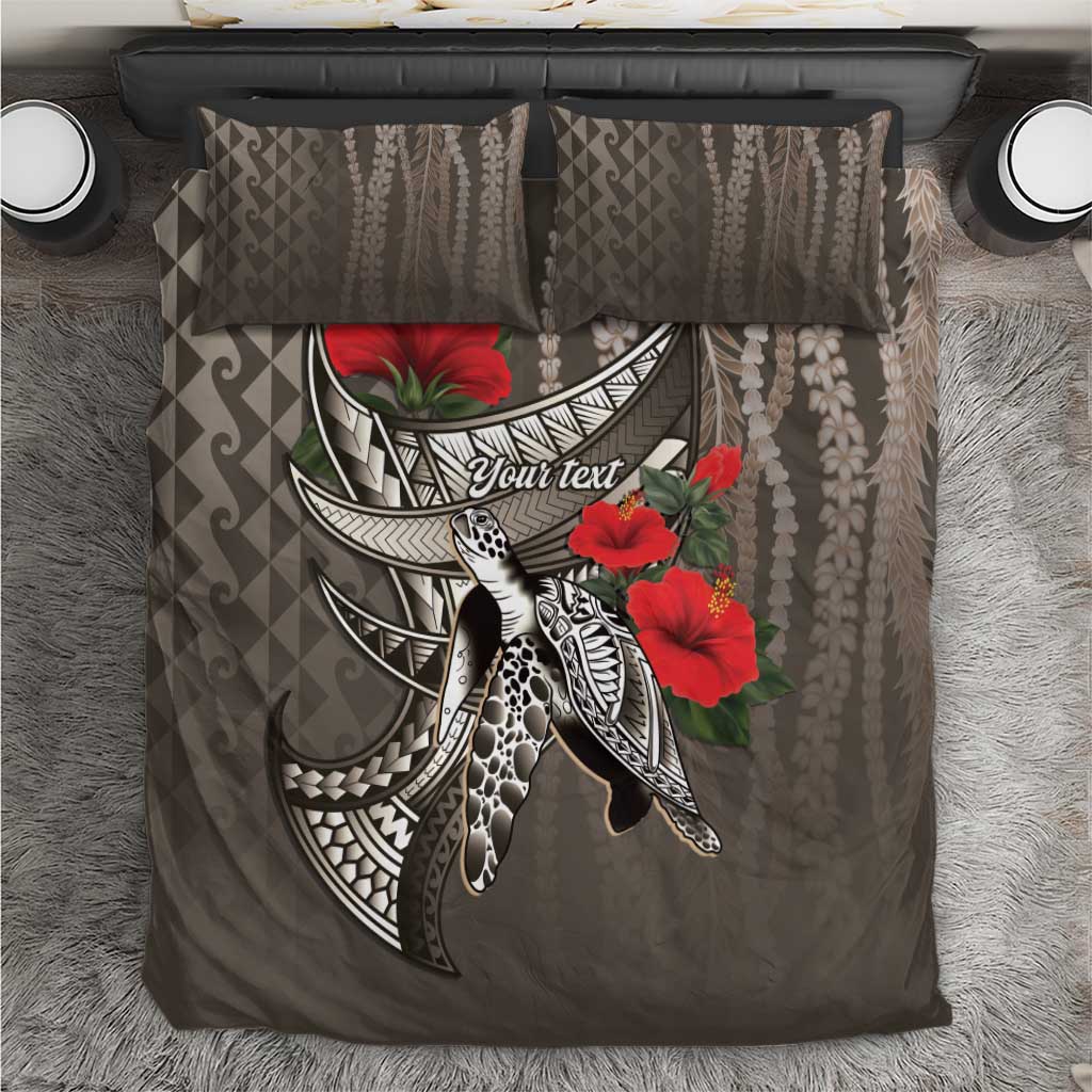 Hawaiian Honu Personalized Bedding Set Mocha Mousse Hibiscus Tribal Hook Pattern