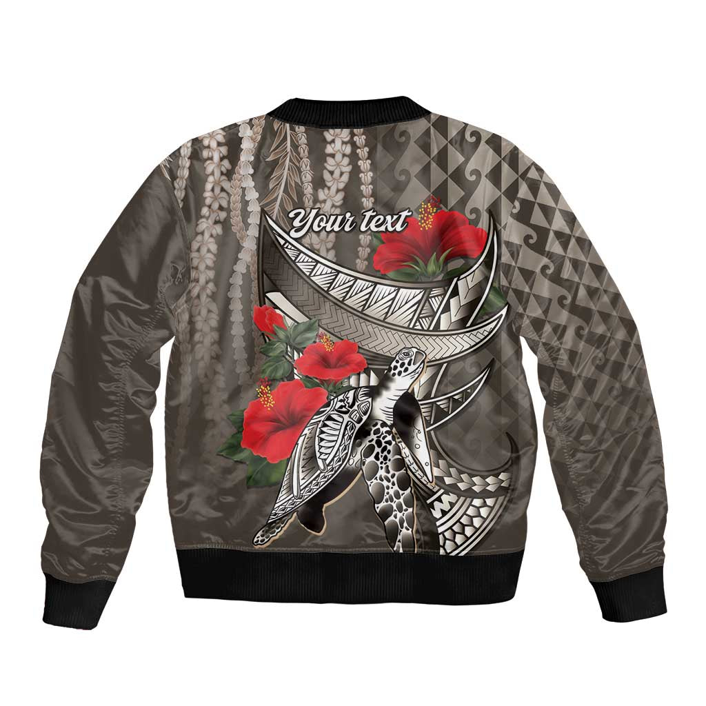 Hawaiian Honu Personalized Bomber Jacket Mocha Mousse Hibiscus Tribal Hook Pattern