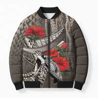 Hawaiian Honu Personalized Bomber Puffer Jacket Mocha Mousse Hibiscus Tribal Hook Pattern
