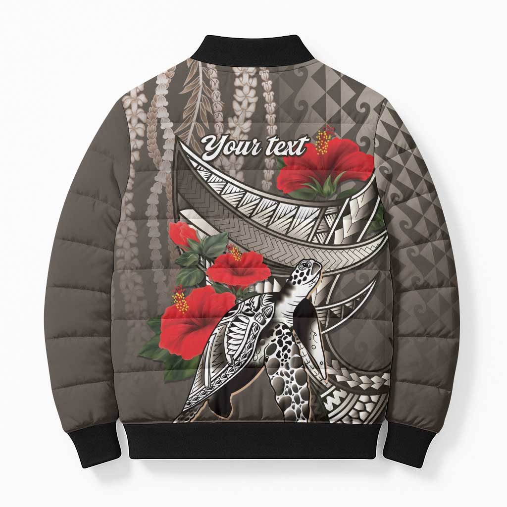 Hawaiian Honu Personalized Bomber Puffer Jacket Mocha Mousse Hibiscus Tribal Hook Pattern