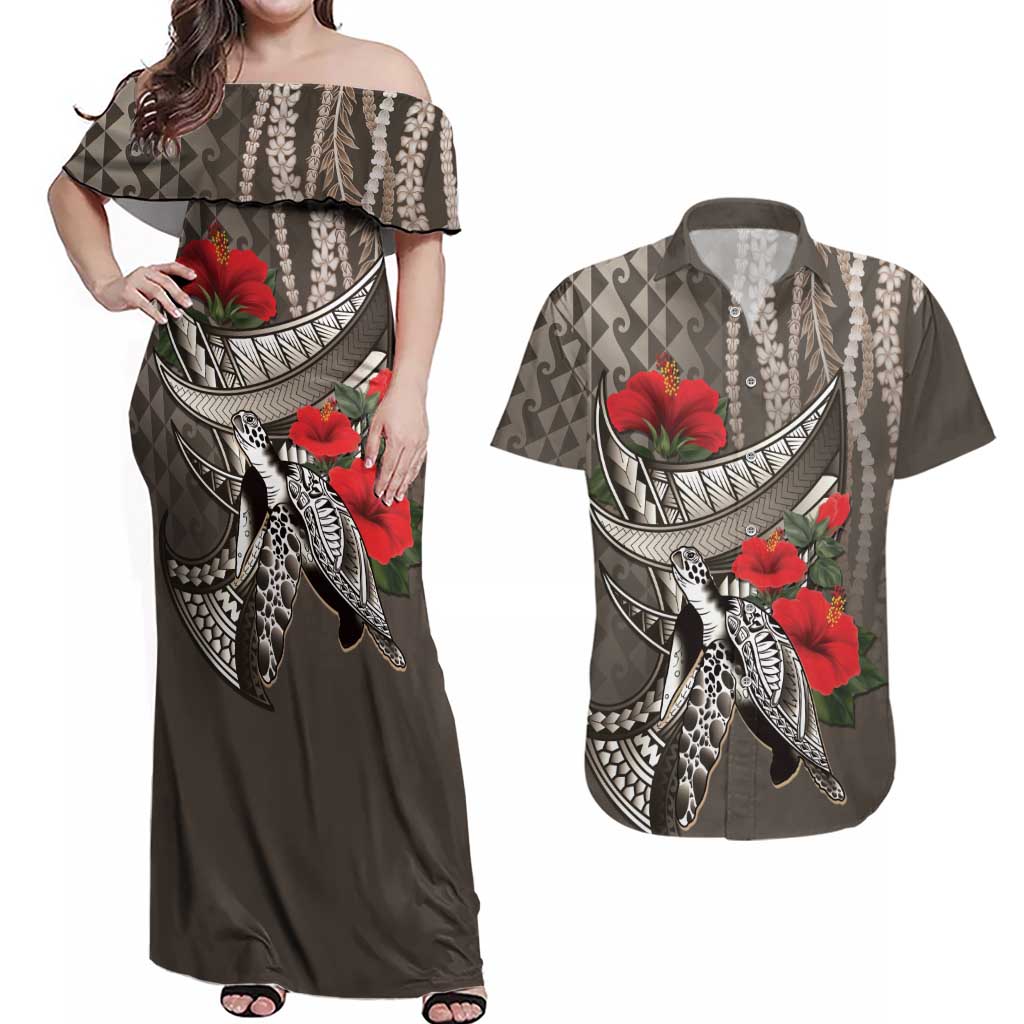 Hawaiian Honu Personalized Couples Matching Off Shoulder Maxi Dress and Hawaiian Shirt Mocha Mousse Hibiscus Tribal Hook Pattern LT9 Mocha - Polynesian Pride