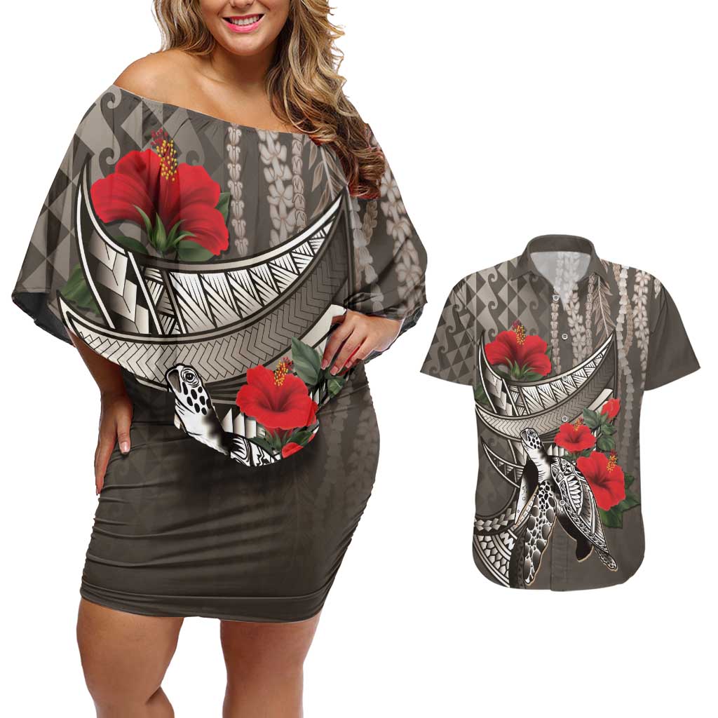 Hawaiian Honu Personalized Couples Matching Off Shoulder Short Dress and Hawaiian Shirt Mocha Mousse Hibiscus Tribal Hook Pattern LT9 Mocha - Polynesian Pride