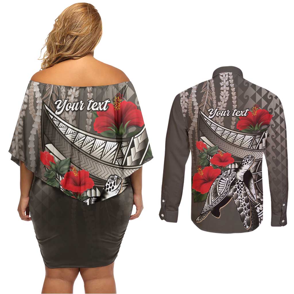 Hawaiian Honu Personalized Couples Matching Off Shoulder Short Dress and Long Sleeve Button Shirt Mocha Mousse Hibiscus Tribal Hook Pattern