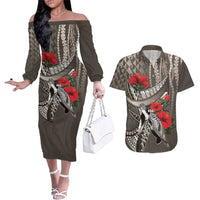 Hawaiian Honu Personalized Couples Matching Off The Shoulder Long Sleeve Dress and Hawaiian Shirt Mocha Mousse Hibiscus Tribal Hook Pattern
