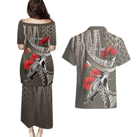 Hawaiian Honu Personalized Couples Matching Puletasi and Hawaiian Shirt Mocha Mousse Hibiscus Tribal Hook Pattern