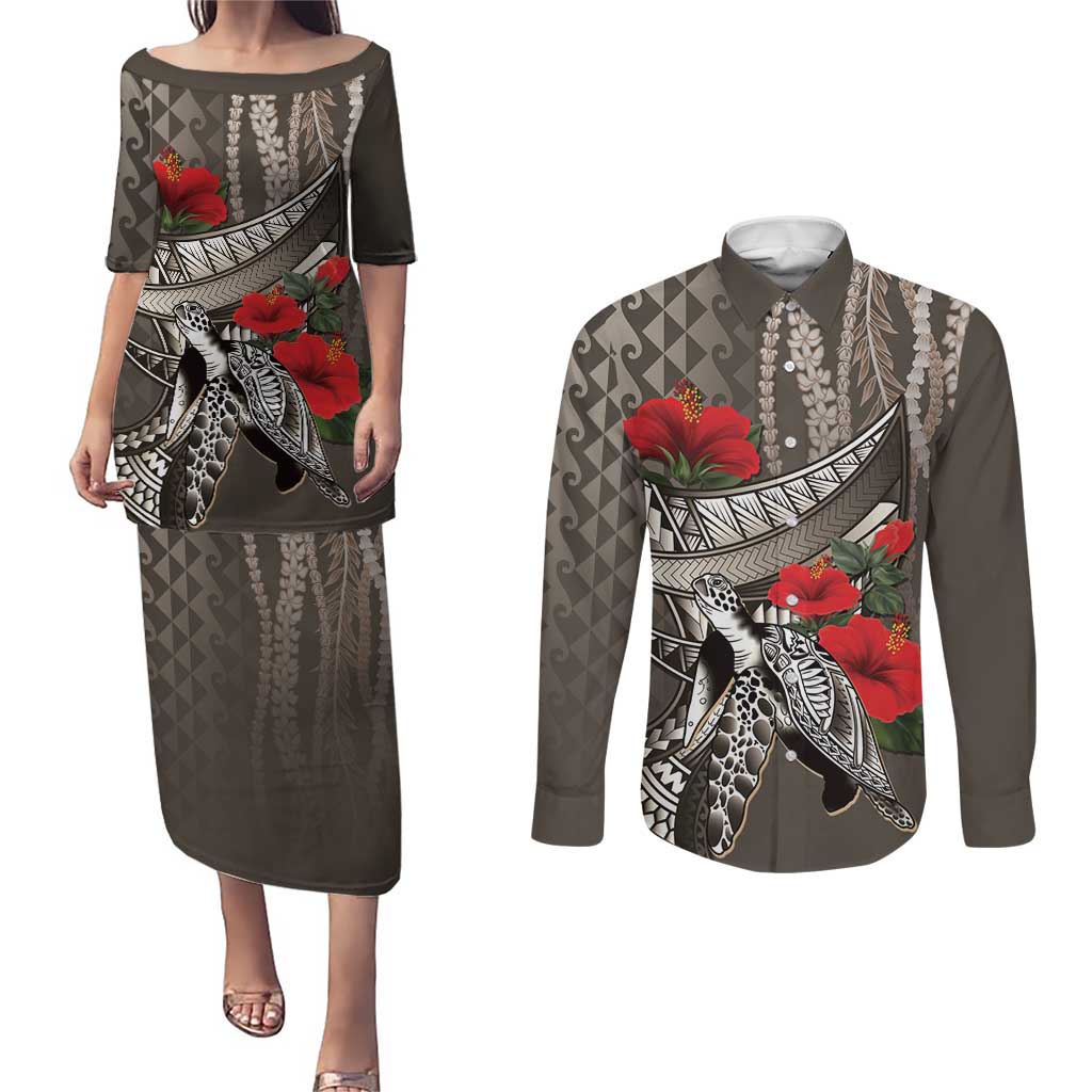 Hawaiian Honu Personalized Couples Matching Puletasi and Long Sleeve Button Shirt Mocha Mousse Hibiscus Tribal Hook Pattern