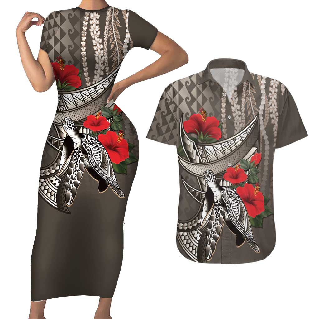 Hawaiian Honu Personalized Couples Matching Short Sleeve Bodycon Dress and Hawaiian Shirt Mocha Mousse Hibiscus Tribal Hook Pattern