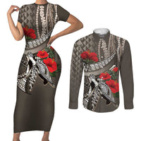 Hawaiian Honu Personalized Couples Matching Short Sleeve Bodycon Dress and Long Sleeve Button Shirt Mocha Mousse Hibiscus Tribal Hook Pattern