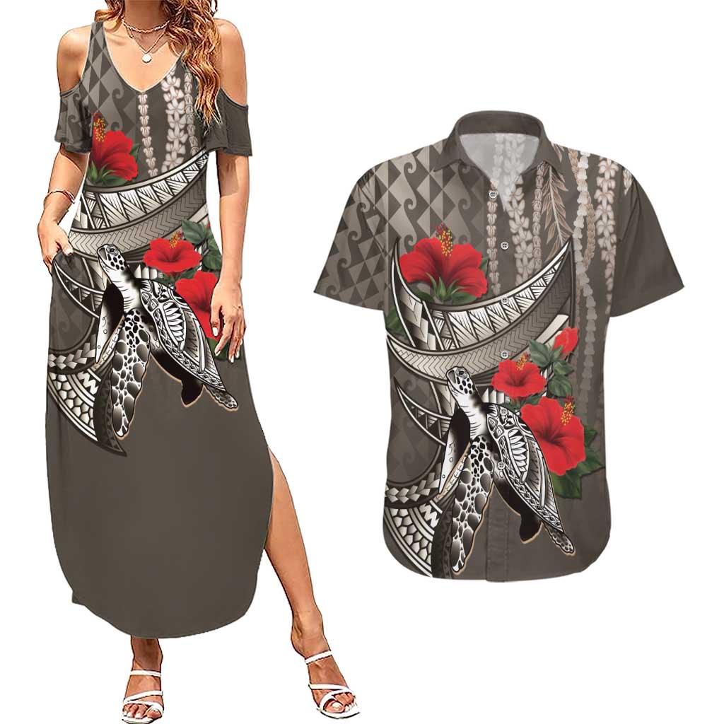 Hawaiian Honu Personalized Couples Matching Summer Maxi Dress and Hawaiian Shirt Mocha Mousse Hibiscus Tribal Hook Pattern LT9 Mocha - Polynesian Pride