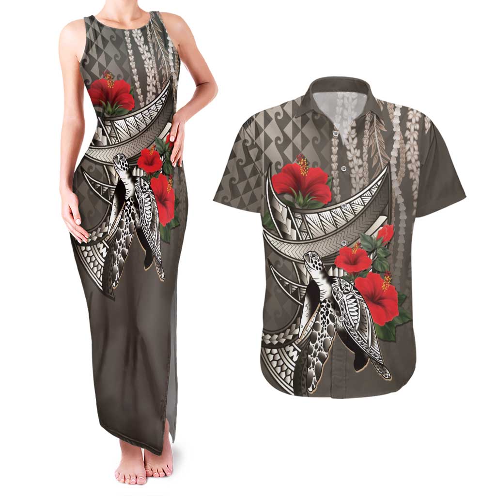 Hawaiian Honu Personalized Couples Matching Tank Maxi Dress and Hawaiian Shirt Mocha Mousse Hibiscus Tribal Hook Pattern LT9 Mocha - Polynesian Pride
