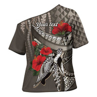 Hawaiian Honu Personalized Cross Shoulder Shirt Mocha Mousse Hibiscus Tribal Hook Pattern