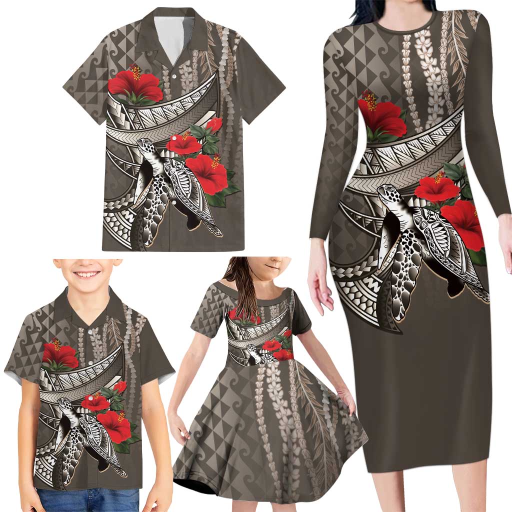 Hawaiian Honu Personalized Family Matching Long Sleeve Bodycon Dress and Hawaiian Shirt Mocha Mousse Hibiscus Tribal Hook Pattern LT9 - Polynesian Pride
