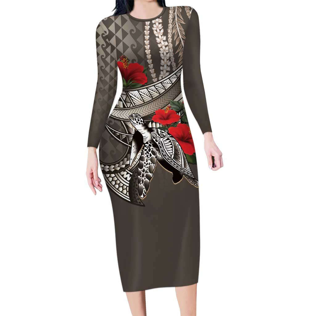Hawaiian Honu Personalized Family Matching Long Sleeve Bodycon Dress and Hawaiian Shirt Mocha Mousse Hibiscus Tribal Hook Pattern LT9 Mom's Dress Mocha - Polynesian Pride