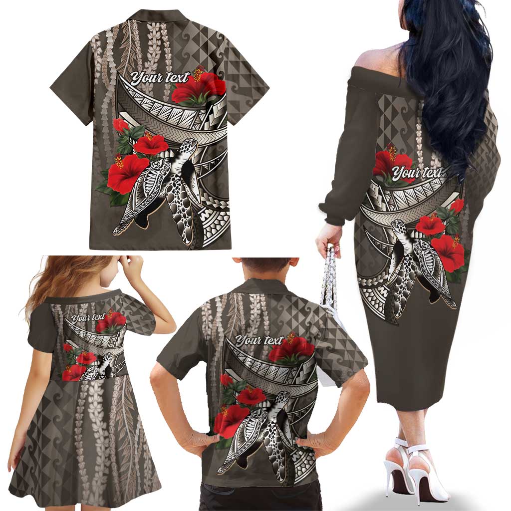 Hawaiian Honu Personalized Family Matching Off The Shoulder Long Sleeve Dress and Hawaiian Shirt Mocha Mousse Hibiscus Tribal Hook Pattern LT9 - Polynesian Pride