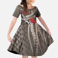 Hawaiian Honu Personalized Family Matching Off Shoulder Maxi Dress and Hawaiian Shirt Mocha Mousse Hibiscus Tribal Hook Pattern LT9 Daughter's Dress Mocha - Polynesian Pride