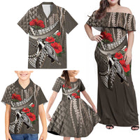 Hawaiian Honu Personalized Family Matching Off Shoulder Maxi Dress and Hawaiian Shirt Mocha Mousse Hibiscus Tribal Hook Pattern LT9 - Polynesian Pride