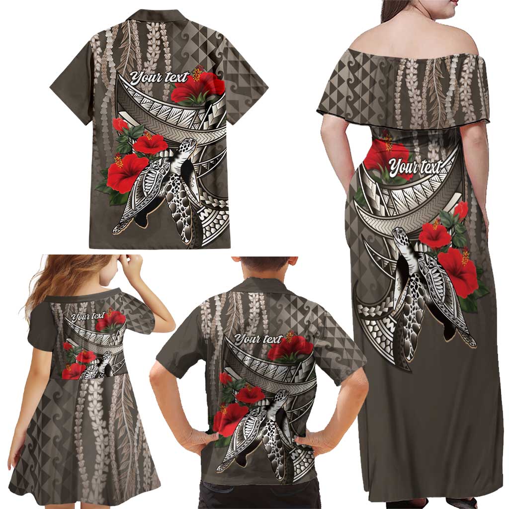 Hawaiian Honu Personalized Family Matching Off Shoulder Maxi Dress and Hawaiian Shirt Mocha Mousse Hibiscus Tribal Hook Pattern LT9 - Polynesian Pride