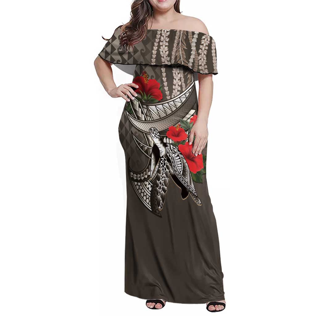 Hawaiian Honu Personalized Family Matching Off Shoulder Maxi Dress and Hawaiian Shirt Mocha Mousse Hibiscus Tribal Hook Pattern LT9 Mom's Dress Mocha - Polynesian Pride
