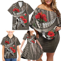Hawaiian Honu Personalized Family Matching Off Shoulder Short Dress and Hawaiian Shirt Mocha Mousse Hibiscus Tribal Hook Pattern LT9 - Polynesian Pride