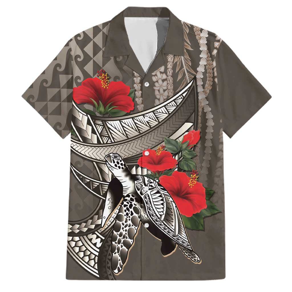 Hawaiian Honu Personalized Family Matching Off Shoulder Short Dress and Hawaiian Shirt Mocha Mousse Hibiscus Tribal Hook Pattern LT9 Dad's Shirt - Short Sleeve Mocha - Polynesian Pride