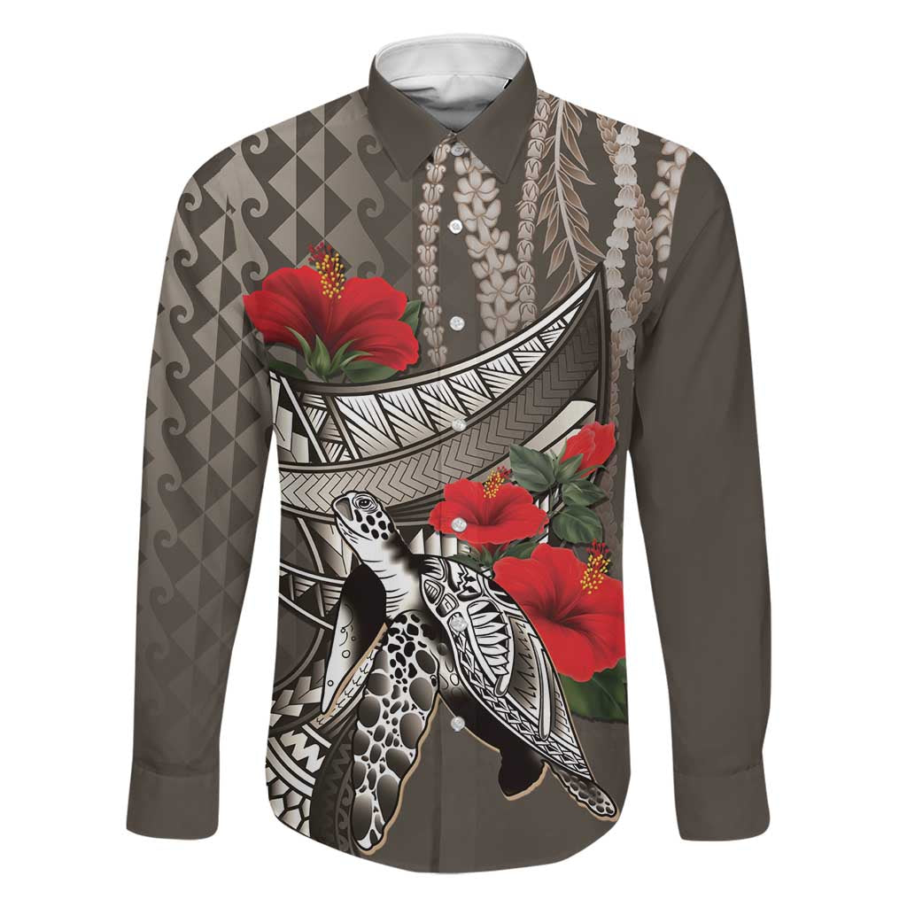 Hawaiian Honu Personalized Family Matching Off Shoulder Short Dress and Hawaiian Shirt Mocha Mousse Hibiscus Tribal Hook Pattern LT9 Dad's Shirt - Long Sleeve Mocha - Polynesian Pride
