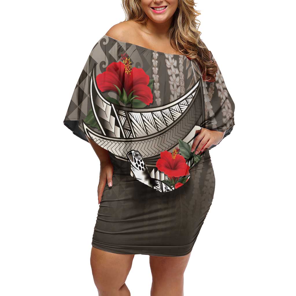 Hawaiian Honu Personalized Family Matching Off Shoulder Short Dress and Hawaiian Shirt Mocha Mousse Hibiscus Tribal Hook Pattern LT9 Mom's Dress Mocha - Polynesian Pride