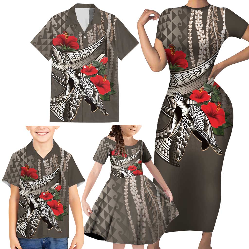 Hawaiian Honu Personalized Family Matching Short Sleeve Bodycon Dress and Hawaiian Shirt Mocha Mousse Hibiscus Tribal Hook Pattern LT9 - Polynesian Pride