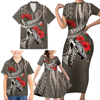 Hawaiian Honu Personalized Family Matching Short Sleeve Bodycon Dress and Hawaiian Shirt Mocha Mousse Hibiscus Tribal Hook Pattern LT9 - Polynesian Pride