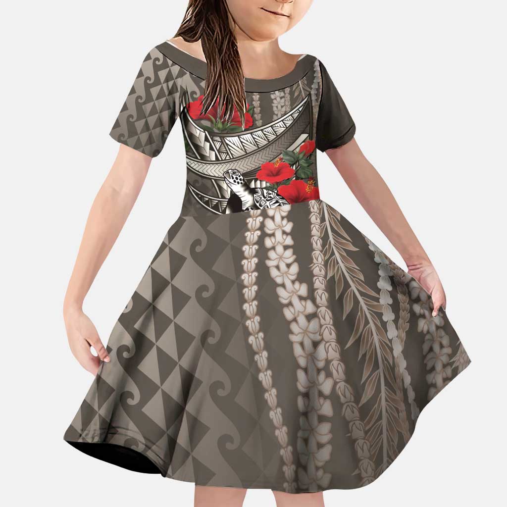 Hawaiian Honu Personalized Family Matching Summer Maxi Dress and Hawaiian Shirt Mocha Mousse Hibiscus Tribal Hook Pattern LT9 Daughter's Dress Mocha - Polynesian Pride