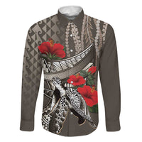 Hawaiian Honu Personalized Family Matching Tank Maxi Dress and Hawaiian Shirt Mocha Mousse Hibiscus Tribal Hook Pattern LT9 Dad's Shirt - Long Sleeve Mocha - Polynesian Pride