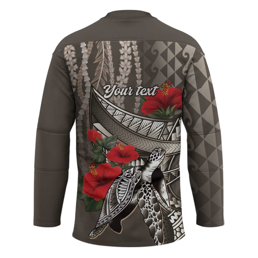 Hawaiian Honu Personalized Hockey Jersey Mocha Mousse Hibiscus Tribal Hook Pattern LT9 - Polynesian Pride