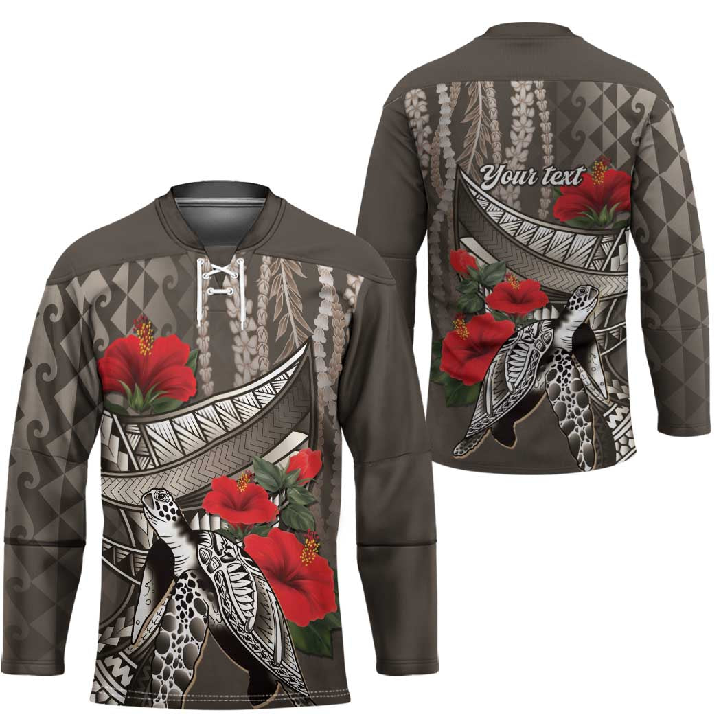 Hawaiian Honu Personalized Hockey Jersey Mocha Mousse Hibiscus Tribal Hook Pattern LT9 - Polynesian Pride