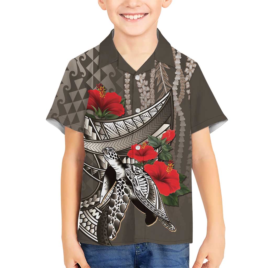 Hawaiian Honu Personalized Kid Hawaiian Shirt Mocha Mousse Hibiscus Tribal Hook Pattern LT9 Kid Mocha - Polynesian Pride