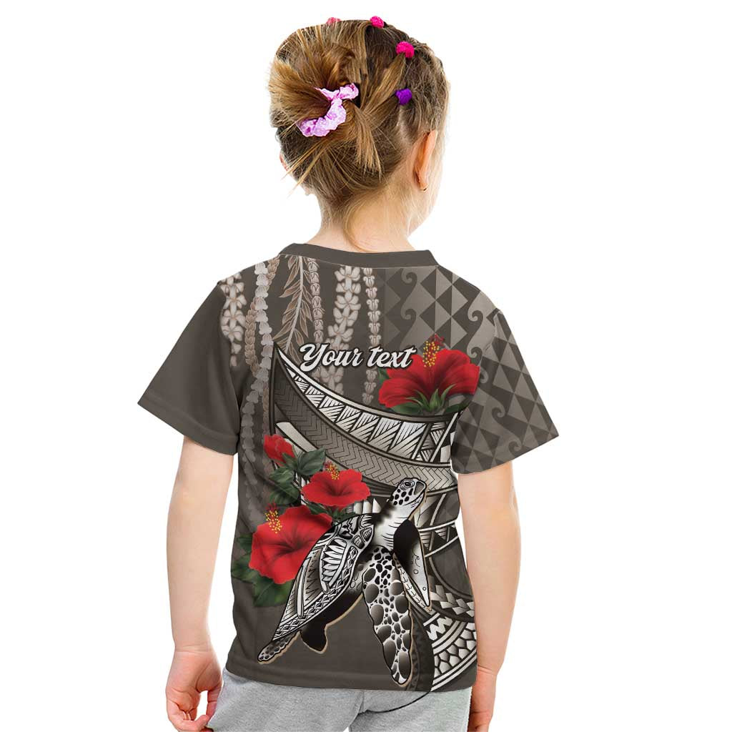 Hawaiian Honu Personalized Kid T Shirt Mocha Mousse Hibiscus Tribal Hook Pattern