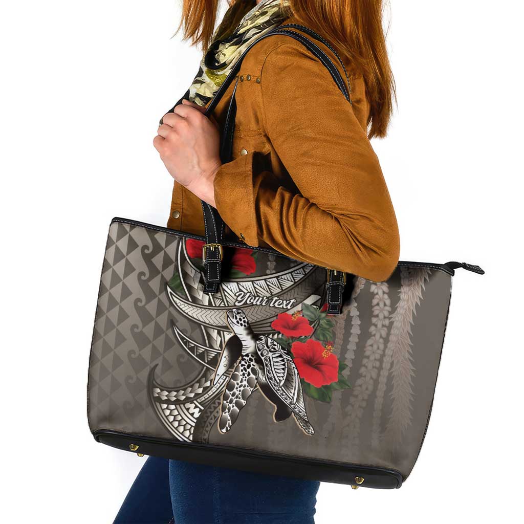 Hawaiian Honu Personalized Leather Tote Bag Mocha Mousse Hibiscus Tribal Hook Pattern