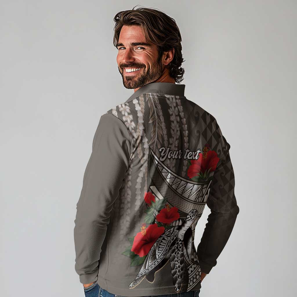 Hawaiian Honu Personalized Long Sleeve Polo Shirt Mocha Mousse Hibiscus Tribal Hook Pattern
