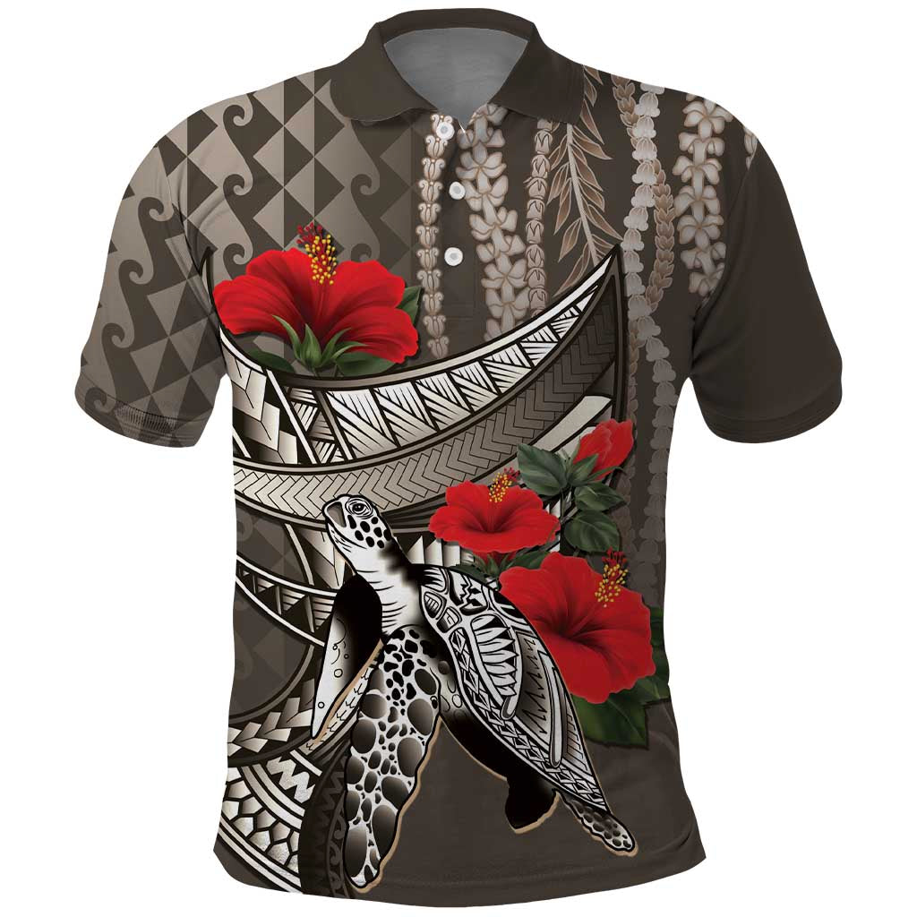 Hawaiian Honu Personalized Polo Shirt Mocha Mousse Hibiscus Tribal Hook Pattern