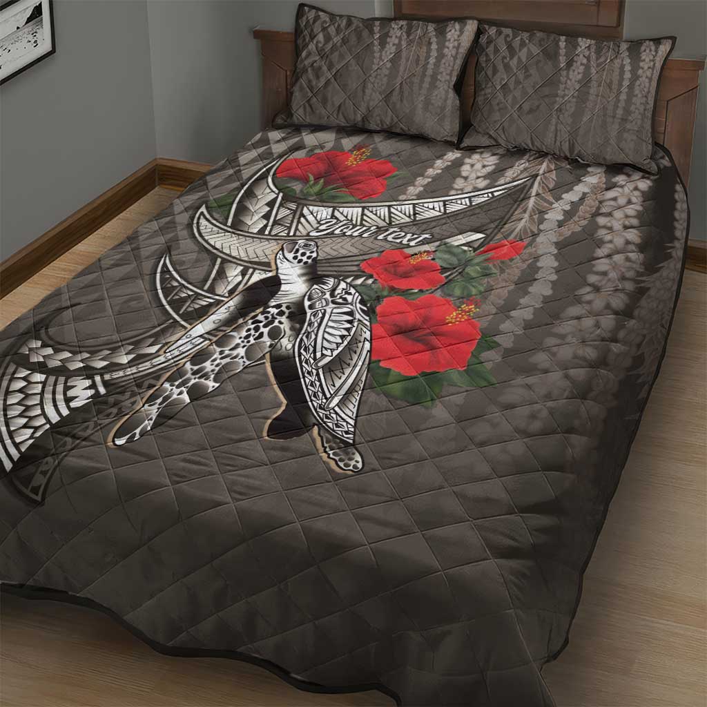 Hawaiian Honu Personalized Quilt Bed Set Mocha Mousse Hibiscus Tribal Hook Pattern