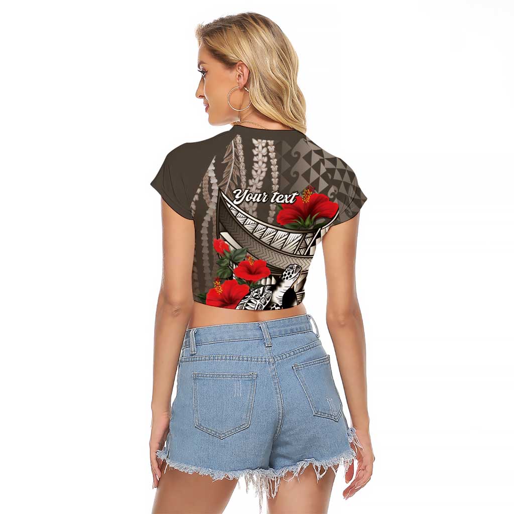 Hawaiian Honu Personalized Raglan Cropped T Shirt Mocha Mousse Hibiscus Tribal Hook Pattern